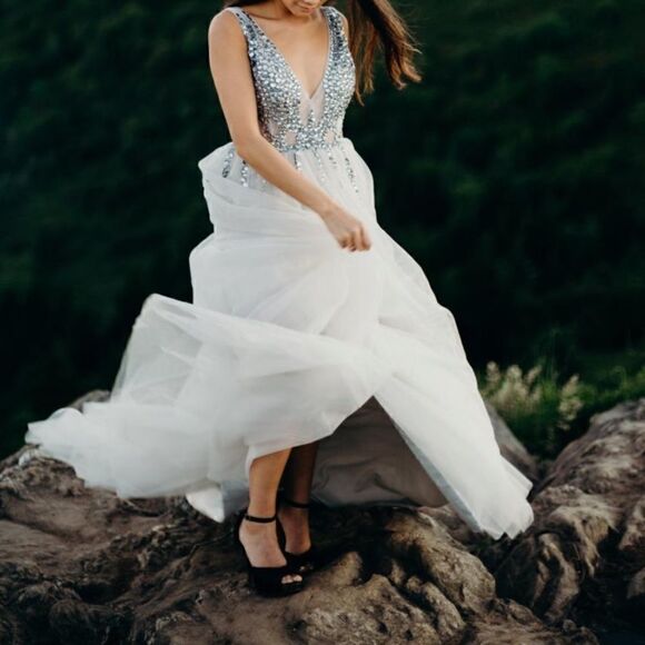 Prom Dress Sexy Deep V Neck Sequins Beads Tulle Lace High Split Long Evening - Picture 9 of 9